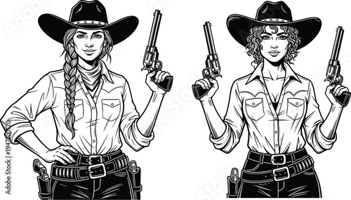 Vintage cowgirl woman outlaw character set with western hat holding revolvers and wearing gun holster belt for wild west adventure design