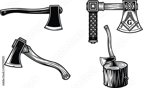 Vintage axe woodcutter lumberjack timber equipment set with Masonic hatchet symbol and forestry tool in wood log stump for carpentry wood carving