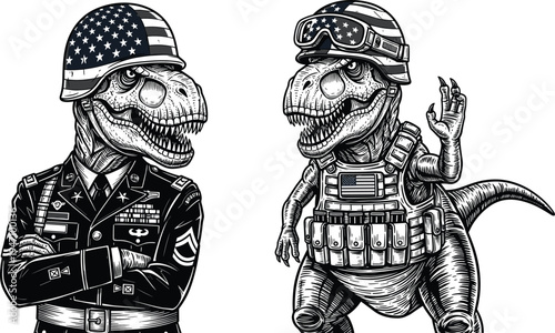 Vintage Tyrannosaurus Rex dinosaur soldier character set wearing American flag military helmet and tactical combat uniform for patriotic army theme illustration