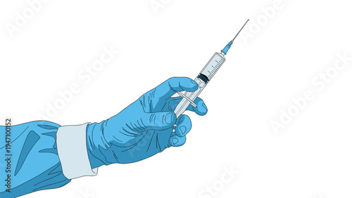 Close-up of a healthcare professional hand in a blue medical glove holding a syringe with a needle ready for vaccination or medical treatment.