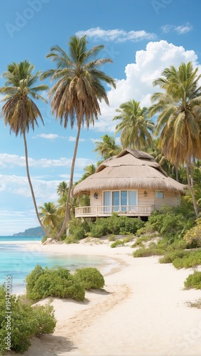 Tropical bungalow nestled among palm trees on sandy shore, all-inclusive family accommodation, private tranquil stay, digital illustration.