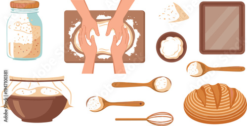 Bread baking process elements set with kneading dough hands, sourdough starter jar, mixing bowl and artisan loaf vector illustration