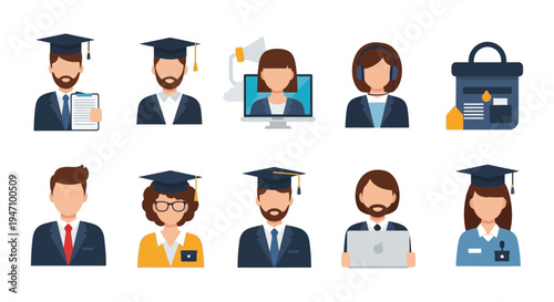 Flat Education Avatars: Graduates, Students, Tutors, and Professionals Icons. Online Learning, University, and Career Development Vector Set.