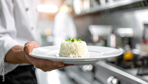 Chef holding plate of white rice professional photo