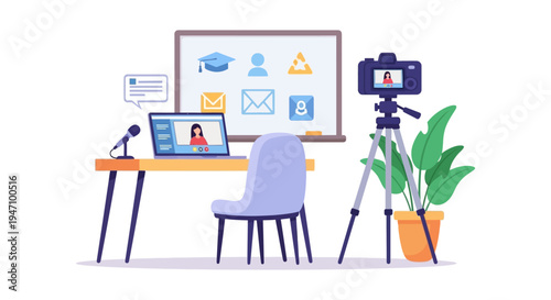 Professional E-learning Video Studio Setup Vector. Online Course Recording, Webinar, or Live Stream Concept with Camera, Laptop, and Microphone.