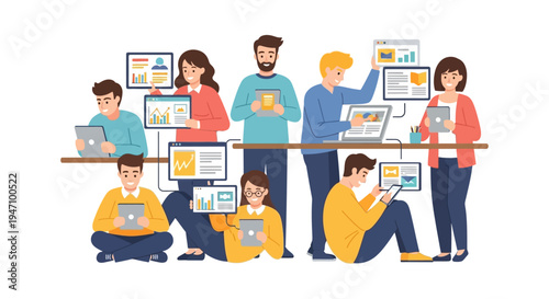 Digital Teamwork and Data Analysis Concept. Diverse Business People Connecting and Working Remotely with Laptops, Tablets, and Charts.