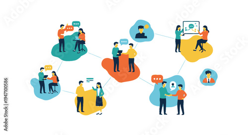 Business Communication Network and Team Collaboration Ecosystem. Flat vector diagram of people networking, discussing, and sharing ideas in a decentralized workflow system.