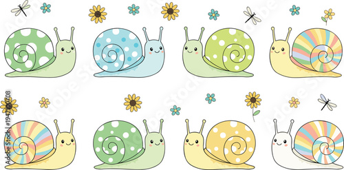 Cute kawaii snail vector character set with colorful patterned shells flowers and dragonflies for kids nursery decor children stickers and spring nature design projects.