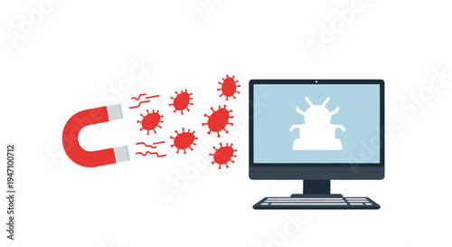 A computer screen displays a virus being attracted to a magnet, symbolizing protection against malicious software threats online.