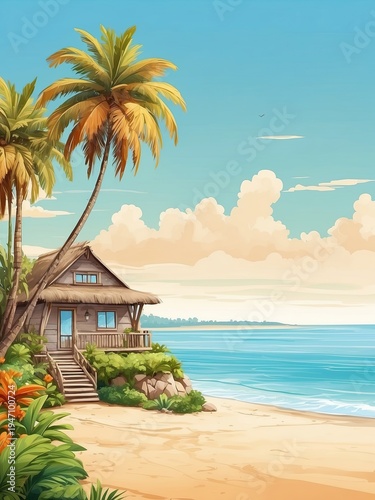 Bungalow with palm on blue ocean shore, exclusive family resort, all-inclusive stay, summer tourism, digital cartoon artwork.