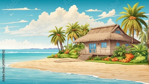 Bungalow facing sea on tropical island, exclusive all-inclusive accommodation, private luxury stay, digital artwork for travel use.