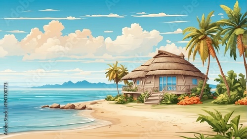 Beach house with thatched roof and sea view, private paradise stay, all-inclusive summer rental, digital illustration, creative resort art.