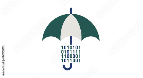 A digital umbrella protects binary code from rain in a futuristic cityscape with Technology and Science elements.