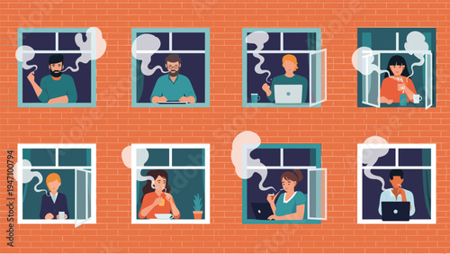 Cross-section of a brick building showing multiple windows with people working on laptops while smoke rises above their heads inside the rooms.