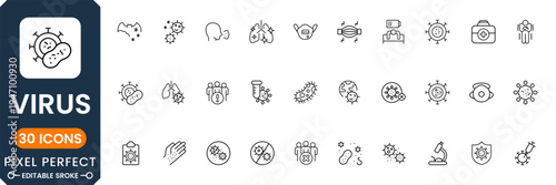 Virus and bacteria icon set with infection, pandemic, medical germ and microbiology symbols modern outline vector collection for healthcare
