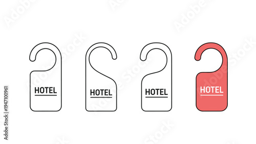 Collection of hotel door hanger icons in outline and flat styles featuring a red do not disturb tag for guest room privacy.