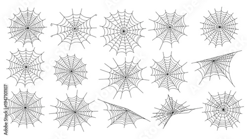 Assortment of hand drawn spider web icons and cobweb designs isolated on a white background for halloween decorations and spooky themes.