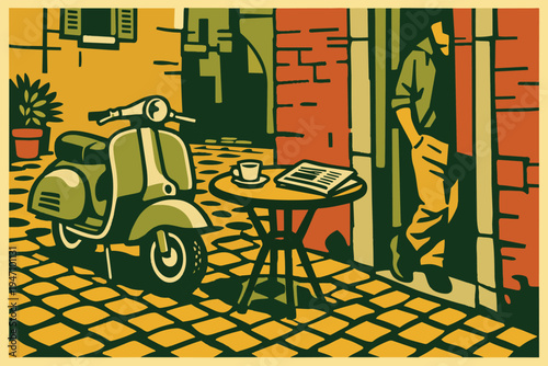 Italian Street Scene with Vintage Scooter and Cafe Table Vector Illustration