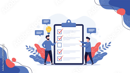 Business people collaborating on a project checklist and checking completed tasks on a giant clipboard with an idea lightbulb concept.