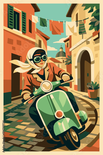 Retro Illustration of Woman Riding Classic Scooter in Italy. AI generated