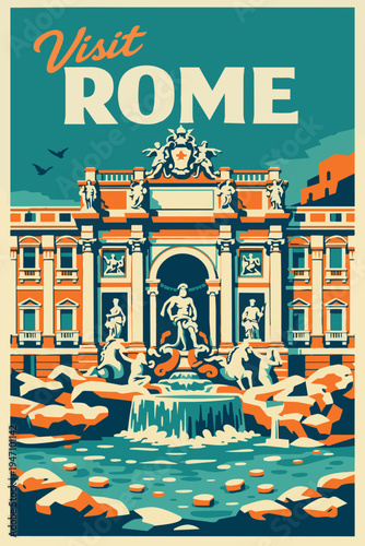 Vintage Travel Poster of Trevi Fountain in Rome Italy Vector Illustration