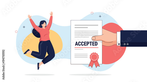 Happy young woman jumping in celebration while a professional hand presents an accepted document with a red seal of approval.