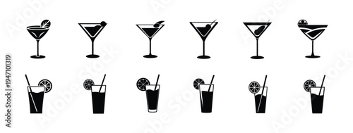 Cocktail glass and tropical juice silhouette icon featuring martini margarita goblet, summer cold drink refreshment, bar club beverage menu more vector illustration or editable stroke.