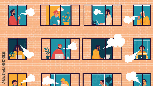 Illustration of multiple people smoking and vaping from their apartment windows in a brick building creating clouds of smoke in the air.
