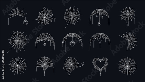 Set of intricate white spider web designs and cobwebs on a solid black background perfect for halloween and horror themed decorations.