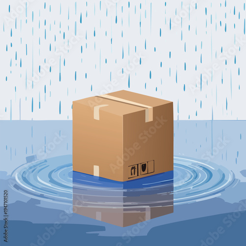 Cardboard box in water with rain concept delivery damage illustration