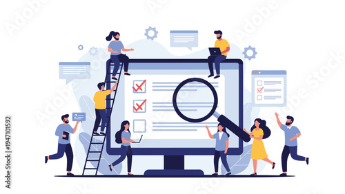 Business team collaborating on a digital project using a giant computer monitor with a checklist and magnifying glass for data analysis.