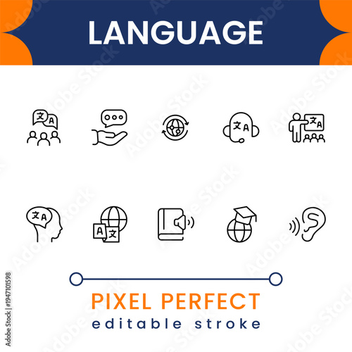 Modern language and translation icon pack featuring speech bubbles, global communication and multilingual symbols clean vector set