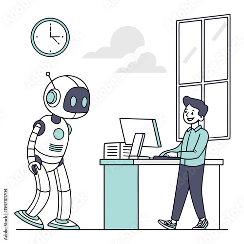 Robot and person at desk in office setting - AI and workplace collaboration concept with artificial intelligence