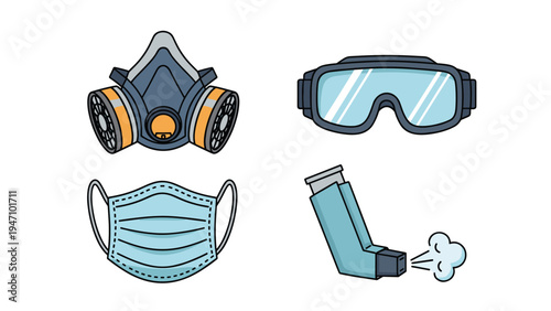 Personal protective equipment collection including a respirator industrial goggles a surgical mask and a blue asthma inhaler icon.
