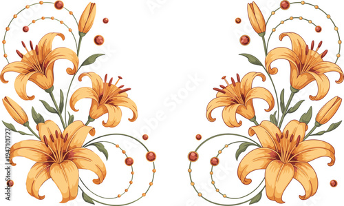 Beautiful orange lily flower vector illustration with elegant gold swirls and red gems, botanical floral corner border design on white background.