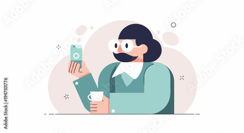 Stylized portrait of a person with glasses and mustache holding phone and cup