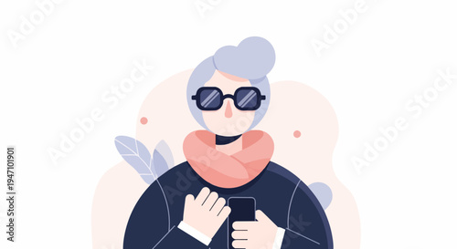 Stylized portrait of person with sunglasses, scarf, and phone