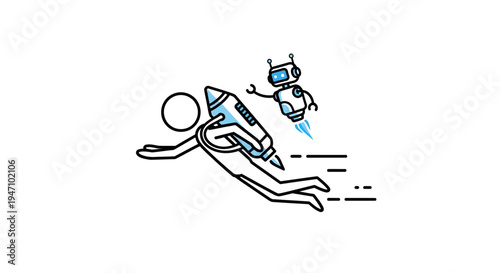 Creative Stick Figure Man Writing with AI Assistance and Robot Companion on Isolated White Background