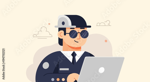 A smiling person in uniform and sunglasses uses a laptop