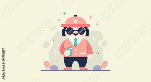 A cheerful, cartoon-style figure wearing a hat, glasses, and a tie, holding a phone