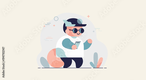 Cartoon character in casual attire uses mobile phone amidst abstract shapes and plants