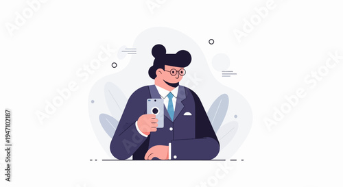 Stylized man in suit with glasses holds mobile phone in hand