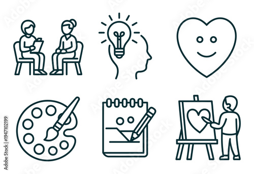 Therapy icon set, sketch style illustrations, psychotherapy, mental health support, counseling tools, relaxation and mindfulness, hand-drawn vectors.