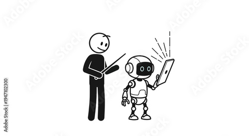 Stick Figure Person Teaching a Robot Using a Tablet for AI Education and Collaborative Learning, Isolated White Background.