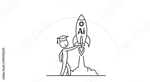 Person with Graduation Cap Launching AI Rocket for Education and Innovation on Isolated White Background