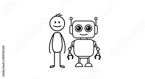 Friendly Stick Figure Person Standing Next to a Robot in a Simple Doodle Style, Isolated White Background.