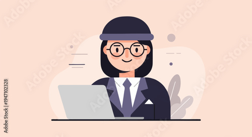 A person in a suit and hat with glasses uses a laptop