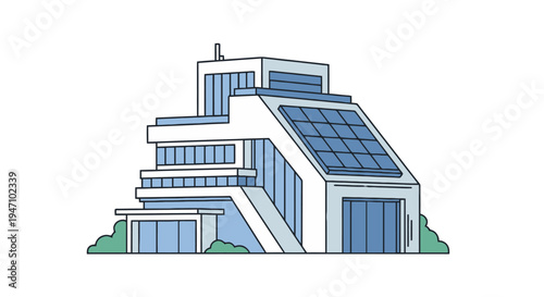 A modern house with solar panels on the roof is situated on a sloping landscape with greenery.