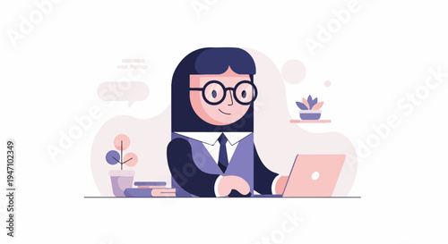 A person wearing glasses, suit, and tie works on a laptop