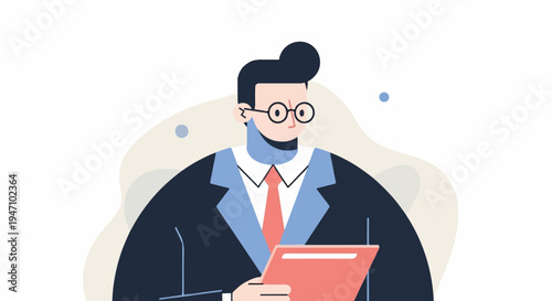 Stylized depiction of a man in a suit holding a tablet
